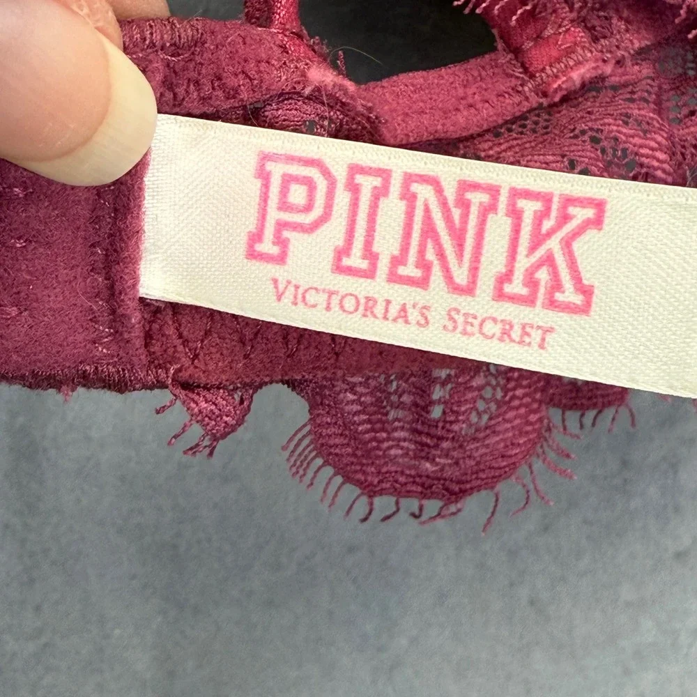 Victorias Secret PINK Date Push-Up Bra 32B Burgundy Floral Lace Underwire Padded